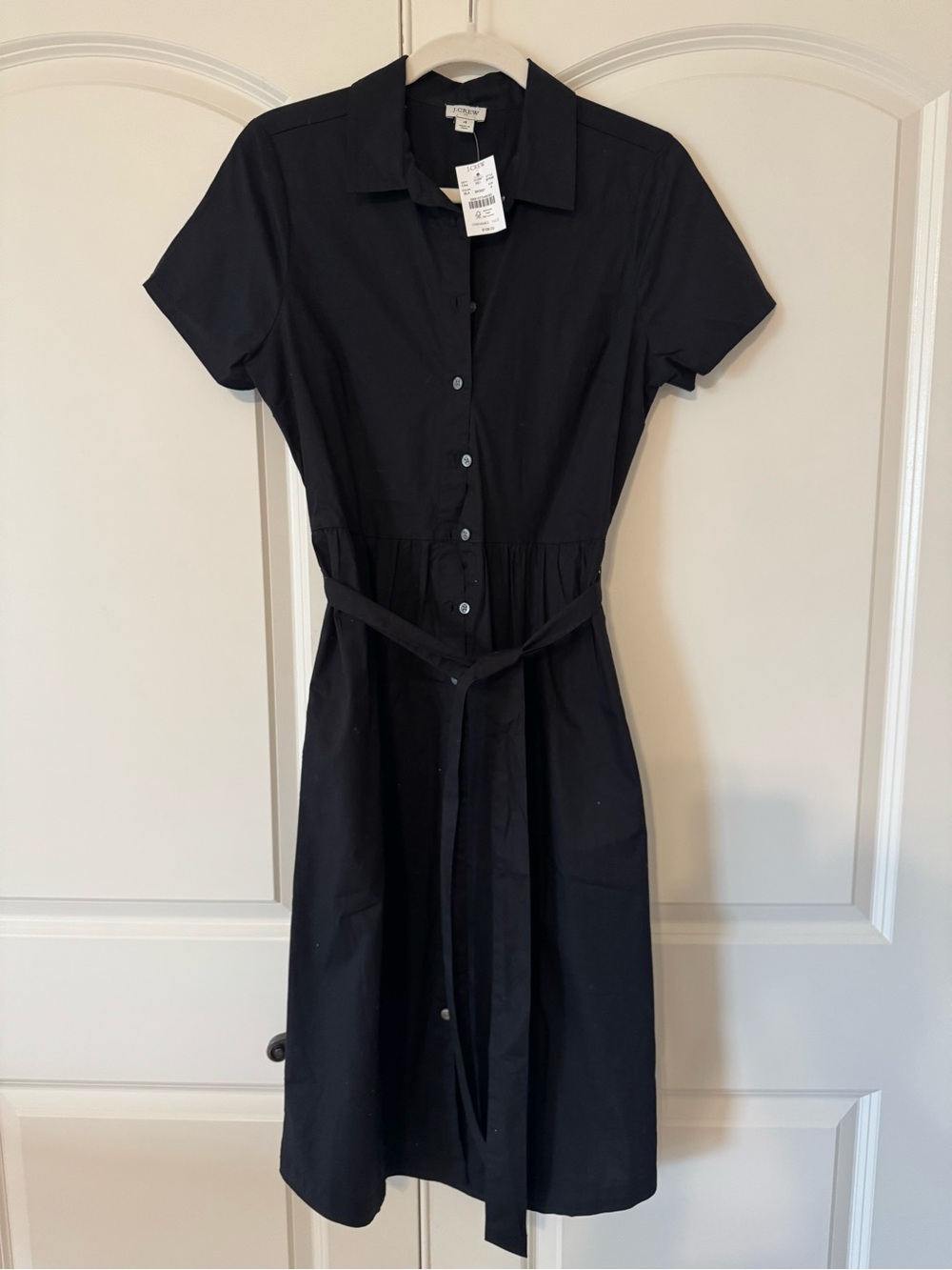J. Crew Black Short-Sleeve Button-Front Midi Dress with Tie Waist